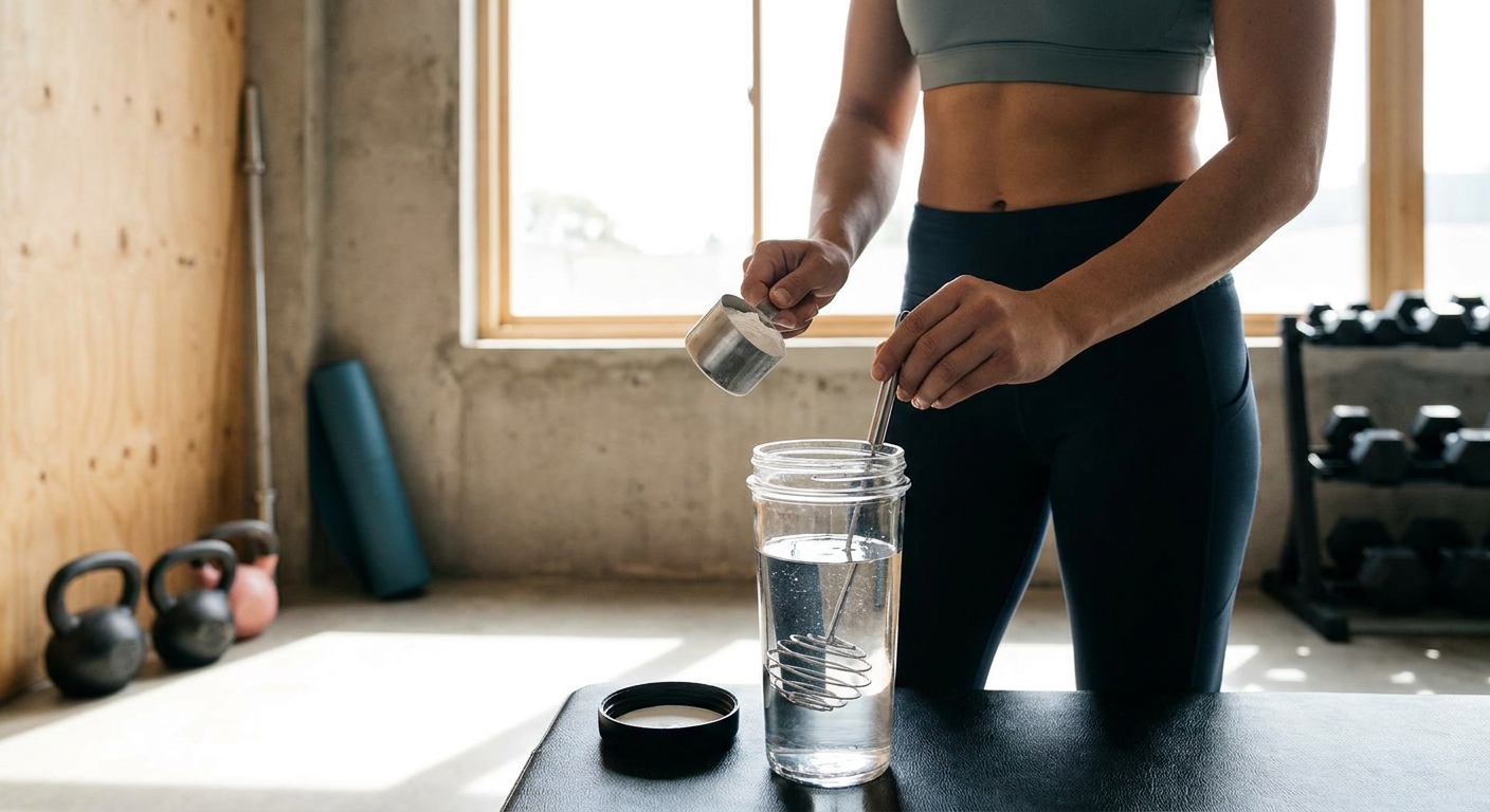 Creatine Monohydrate: Benefits, Dosage & How to Take It 2 Mixing creatine monohydrate powder into a shaker bottle of water