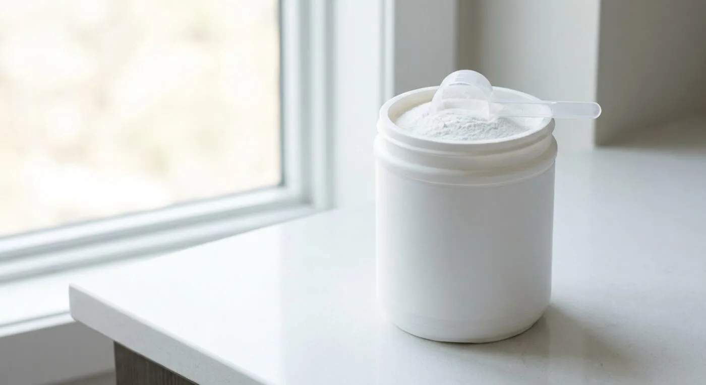 Creatine Monohydrate: Benefits, Dosage & How to Take It 1 Creatine monohydrate powder tub with measuring scoop