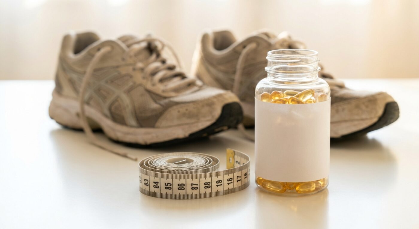 Fat Burners & Weight Loss Supplements: A Buyer's Guide 10 Fat burner supplement bottle with running shoes