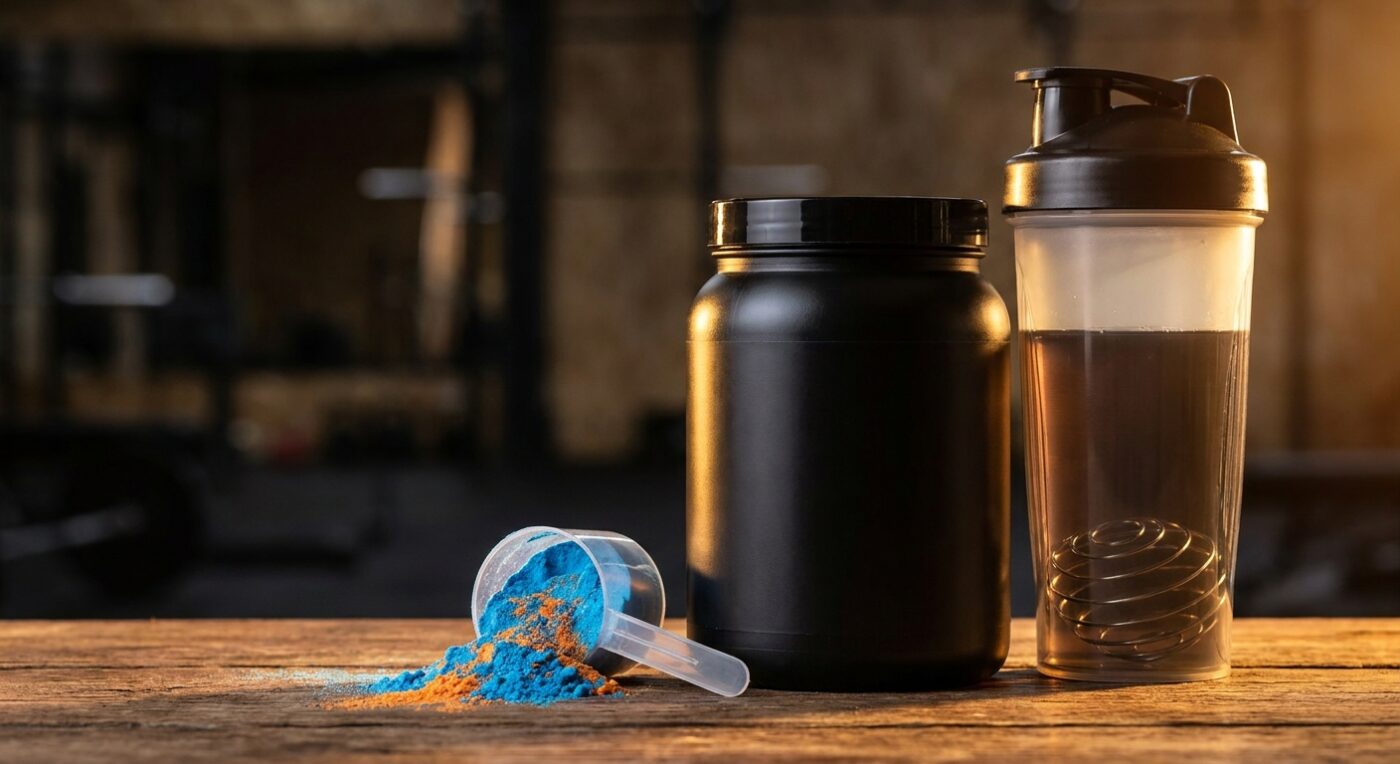 How to Choose the Right Pre-Workout Supplement 3 Pre-workout supplement tub with scoop and shaker bottle