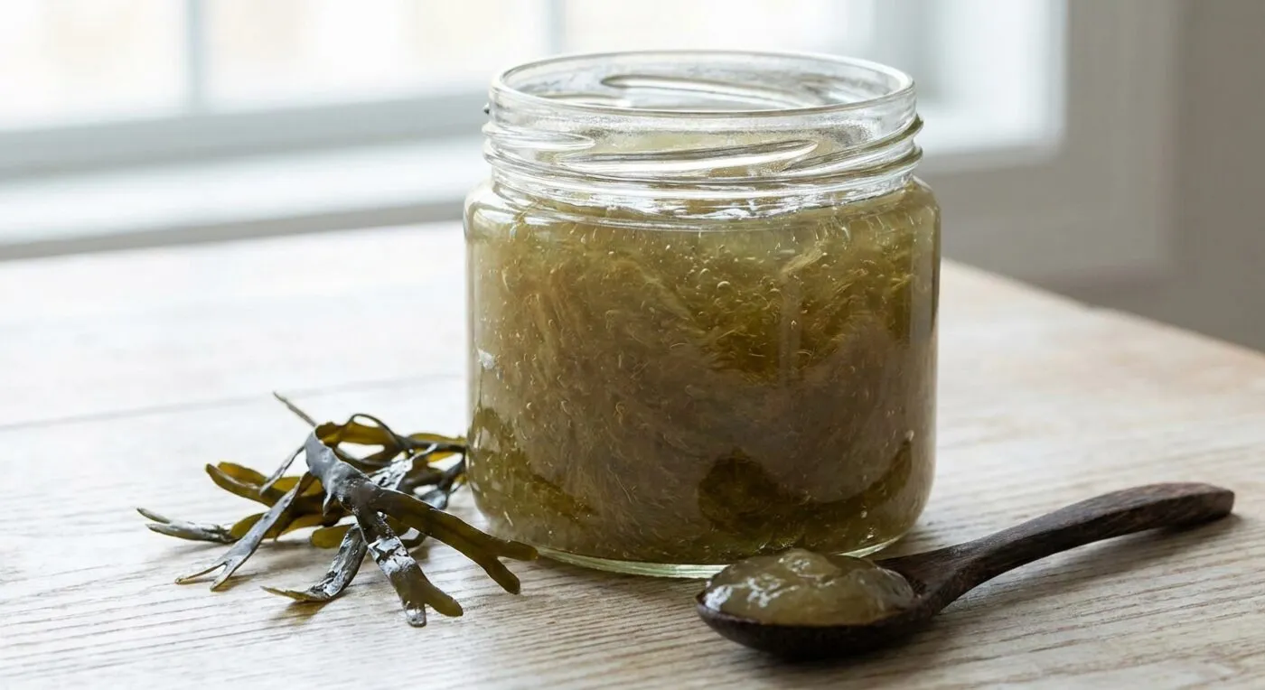 Sea Moss Gel Benefits: What This Superfood Actually Does 1 Jar of sea moss gel with fresh seaweed