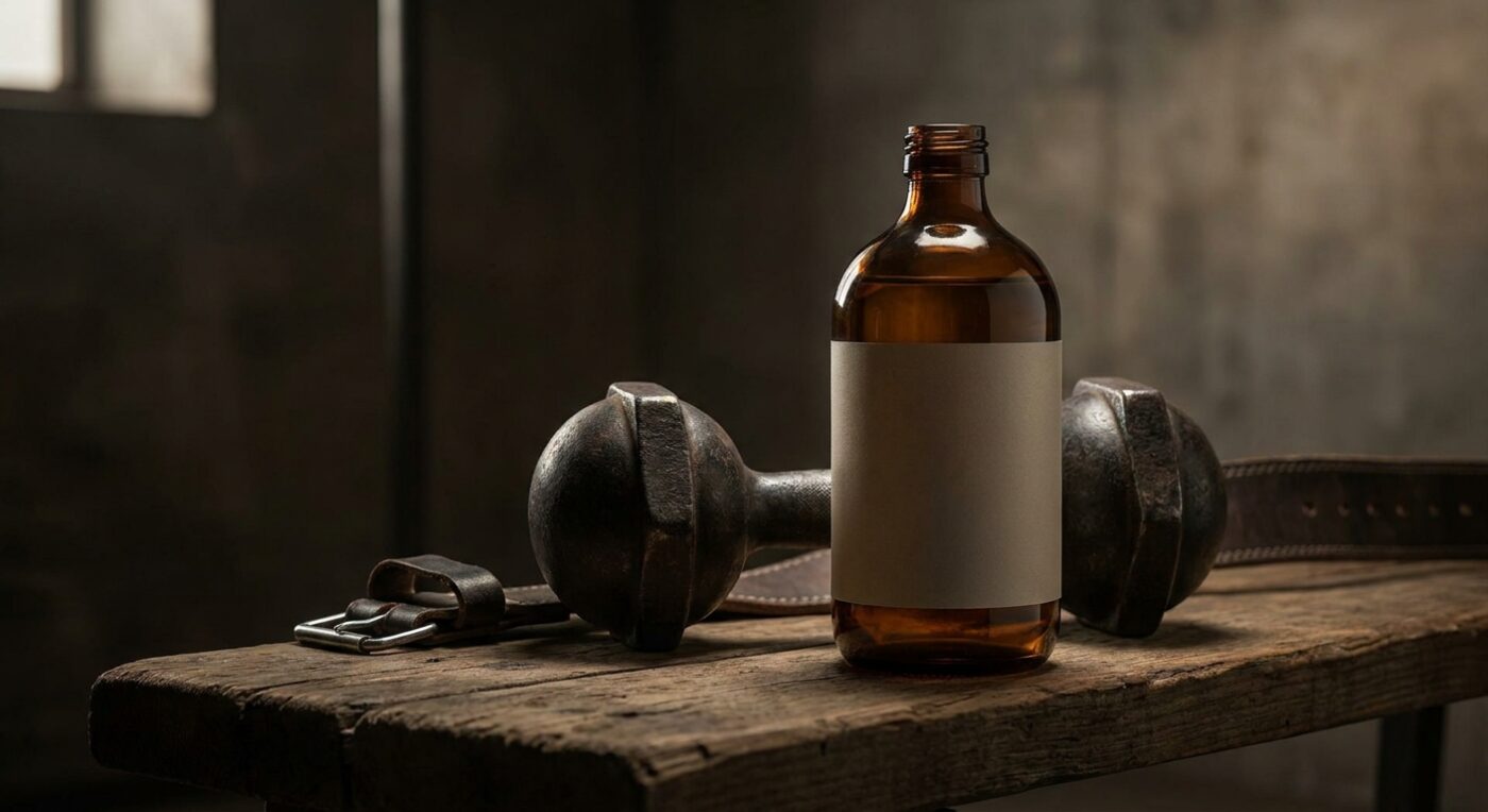 Natural Testosterone Boosters: What Actually Works 5 Natural testosterone booster supplement bottle with dumbbell
