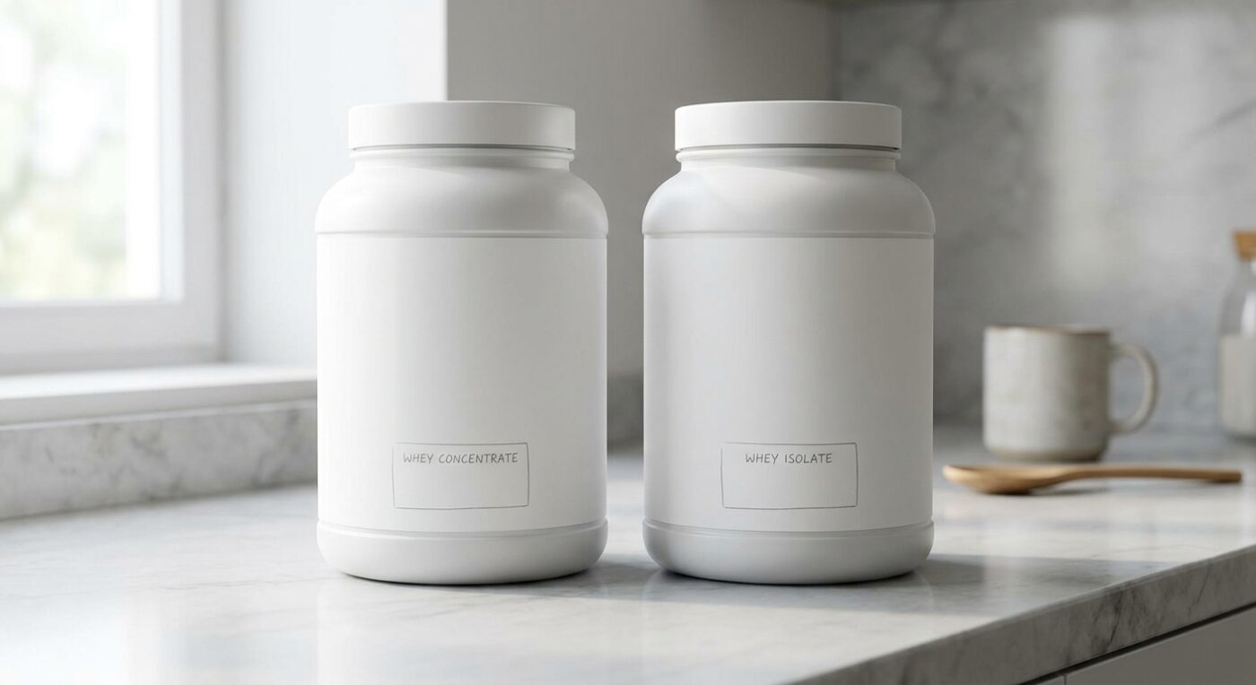 Whey Protein vs. Whey Isolate: Which One Should You Buy? 2 Whey protein concentrate and whey isolate tubs side by side